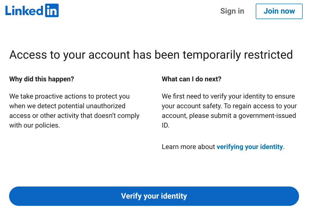 screen shot of LinkedIn telling me I'm blocked